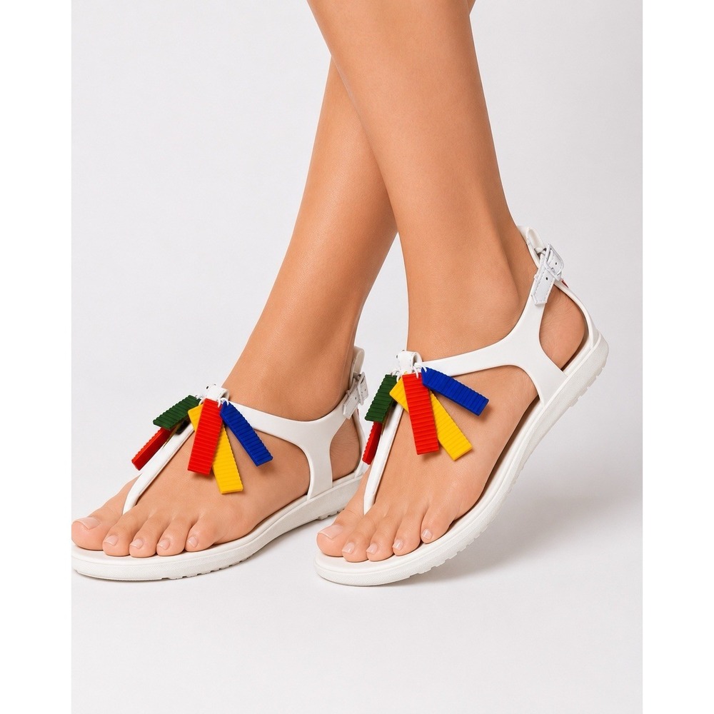 Hunter Original White T-Strap Sandals Rainbow Fringe Charms Women's US 6